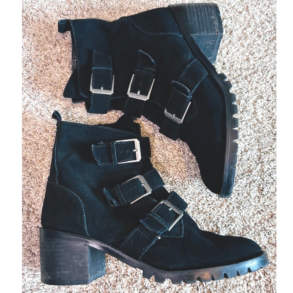 Crown Vintage Goth Vampy Asisa Black Suede Triple Buckle Lug Sole Boots SZ 9.5